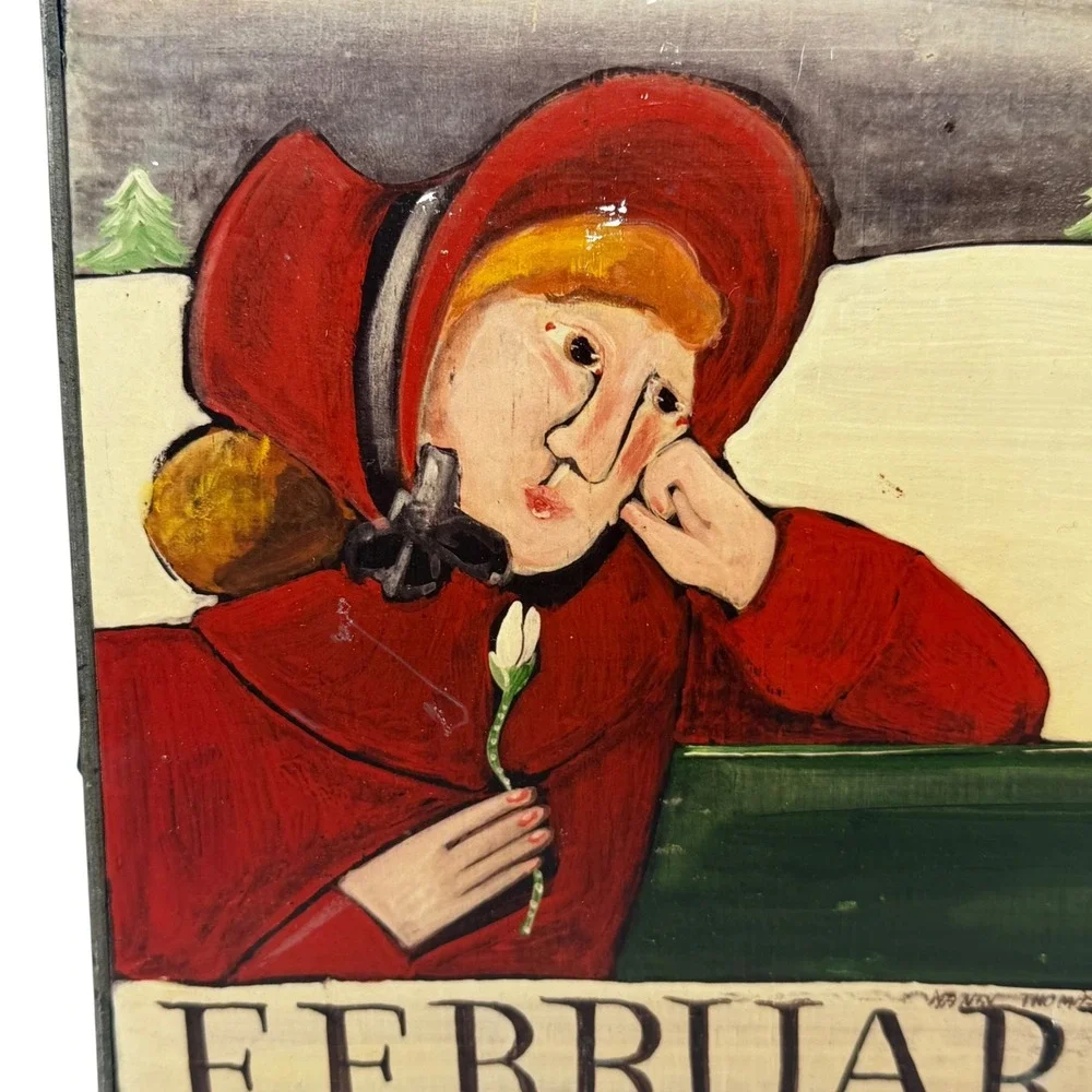 Nancy Thomas 1988 February Calendar Tile Plaque Folk Art Metal Frame Heart 8x8